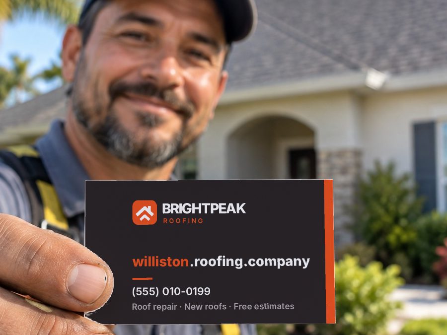 williston.roofing.company on a roofer's business card