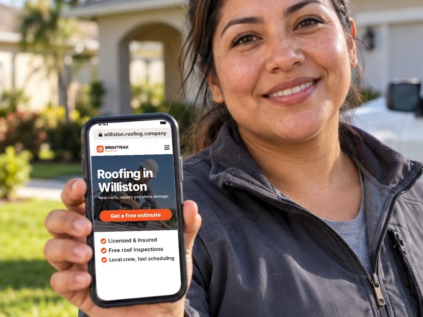 williston.roofing.company open in a phone browser