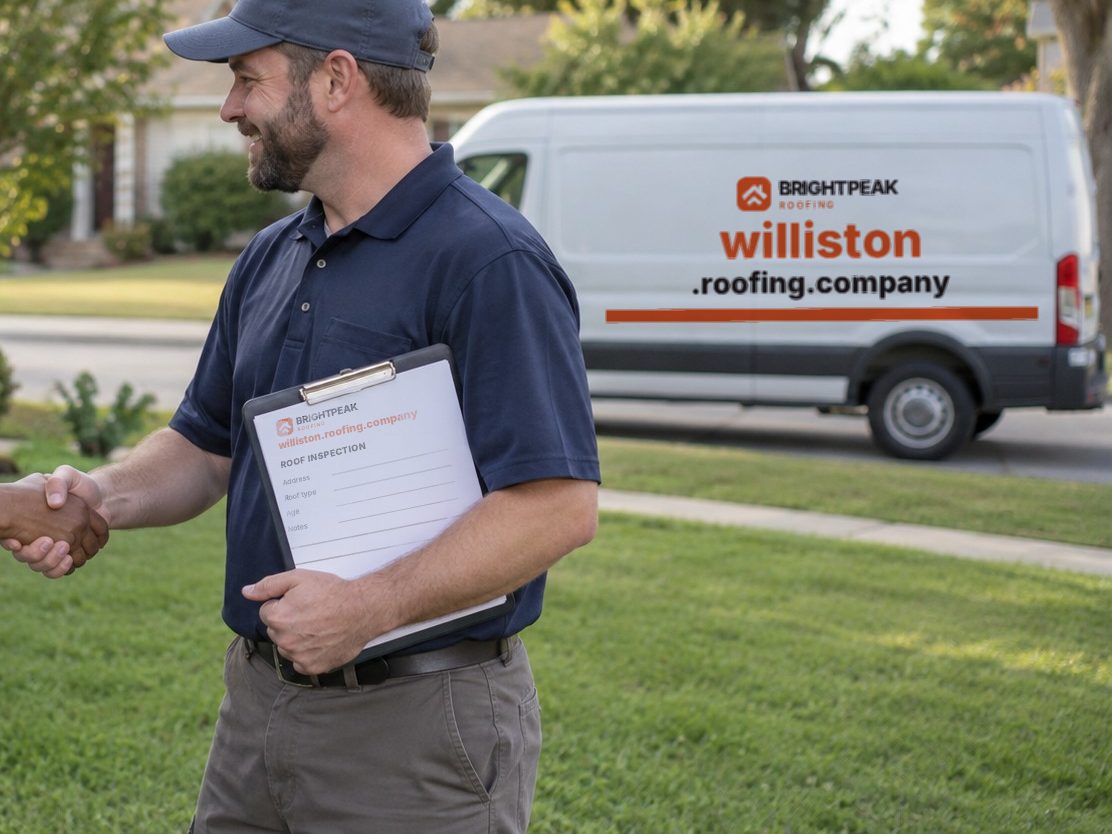 williston.roofing.company on a roofing van and an inspection form